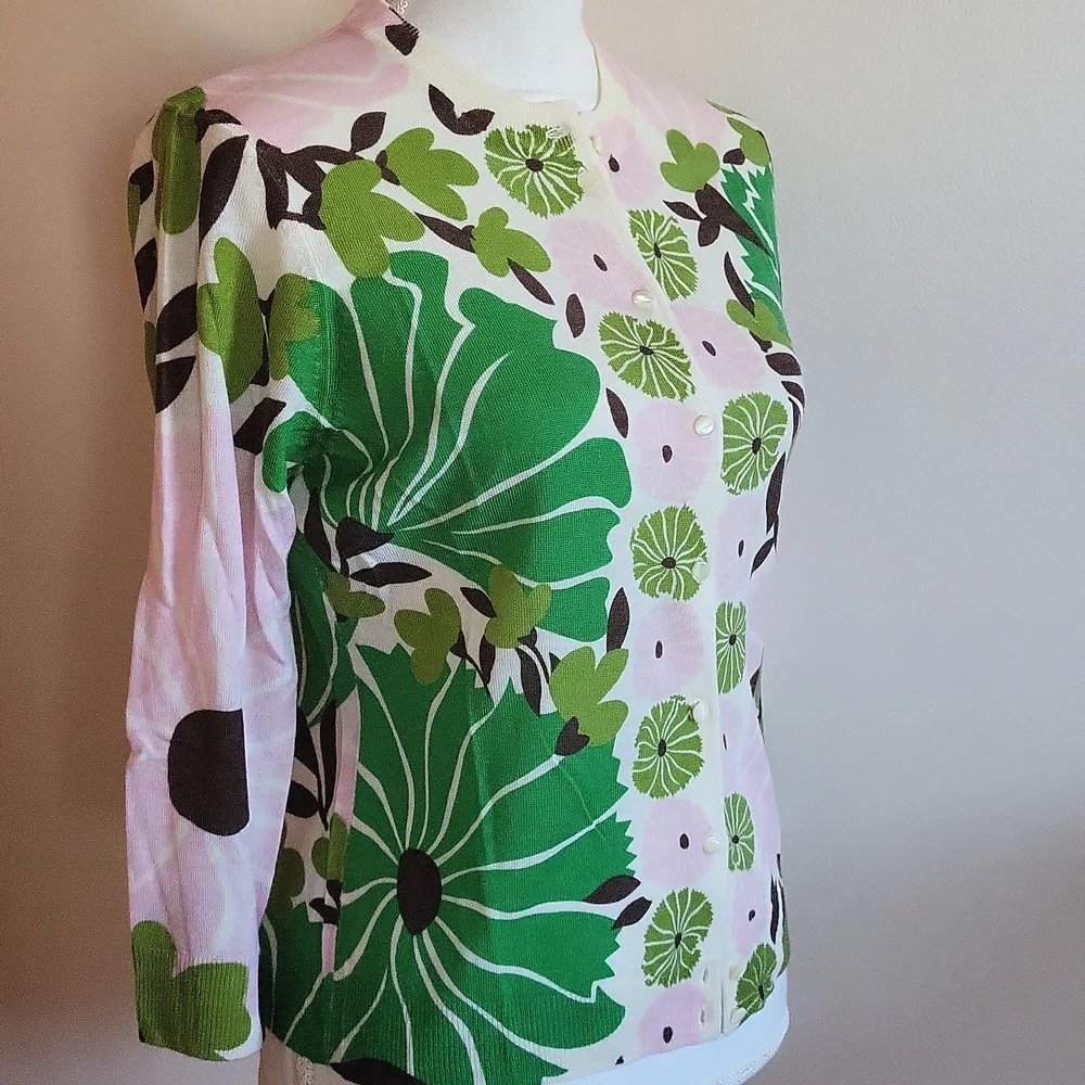 Vintage J. Crew Floral Wool Cardigan Pink Green Size Large - Picture 3 of 8